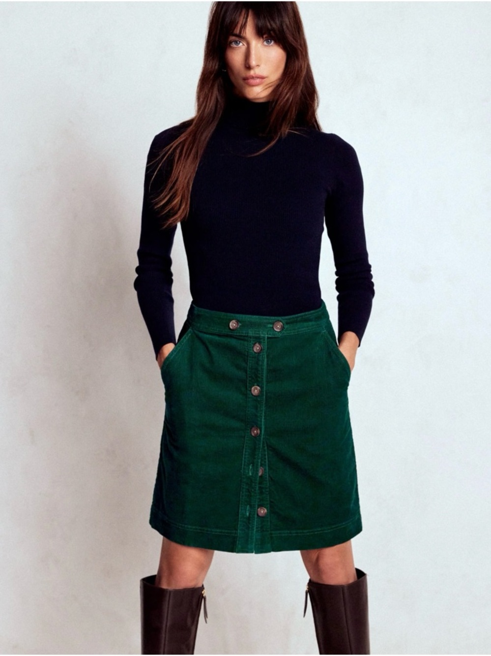 Boden-Cecelia Green Teal Button-Front Corduroy Mini Skirt.Size 6 - Picture 1 of 6